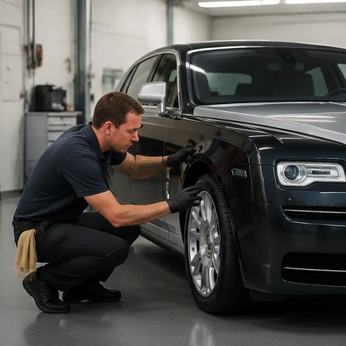 2005 Rolls-Royce Phantom inspection scene showing exterior condition, paint quality, and mileage evaluation details