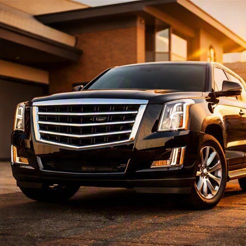 A sleek black 2015 Cadillac Escalade Luxury parked on a clean suburban driveway during golden hour with polished chrome details
