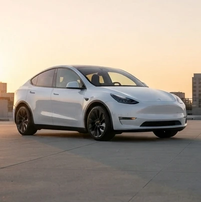 A sleek 2022 tesla model y parked in a modern urban setting during golden hour, showcasing its clean lines and minimalist design
