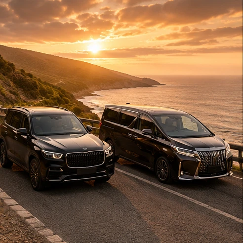 A sleek lineup of modern 6-seater luxury cars parked on a scenic coastal highway in India during late afternoon golden hour