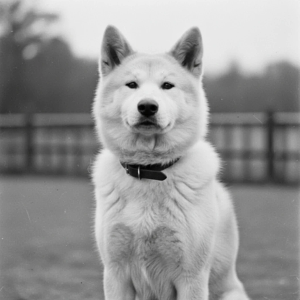 Loyal Akita dog waiting at a train station platform, evoking the emotional heart of a dog's tale movie