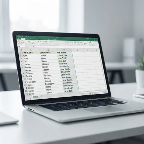 Excel worksheet showing adding first and last name in Excel with a clean full name column from separate fields
