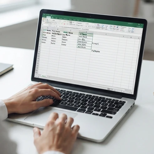 Excel spreadsheet with adding first and last name in Excel formula joining two name columns into one field
