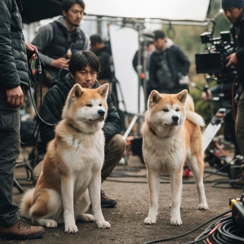 Akita dogs representing different stages of Hachi’s character during an animal film production setting