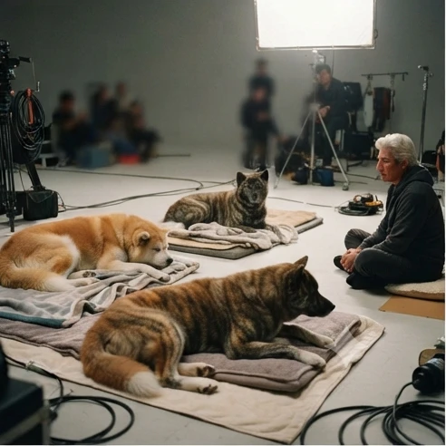 Akita dogs at different life stages representing Hachi’s role in the film production