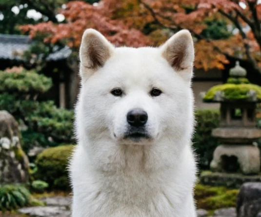 Portrait of a dignified Akita Inu dog in a natural Japanese garden setting highlighting the breed's loyalty