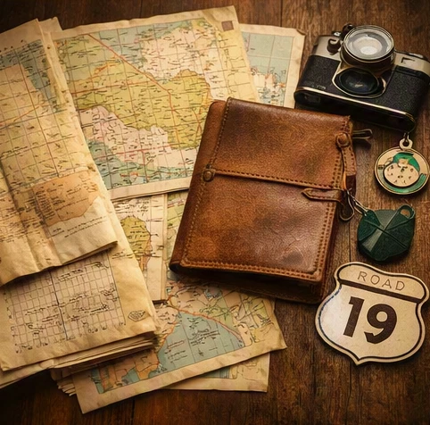 Anti-quest journey concept with maps and travel objects representing literary analysis