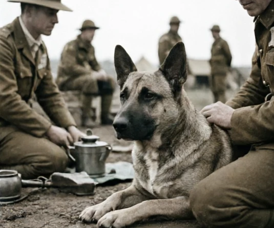 New Zealand Rifle Brigade mascot dog resting near soldiers during a quiet World War I camp moment
