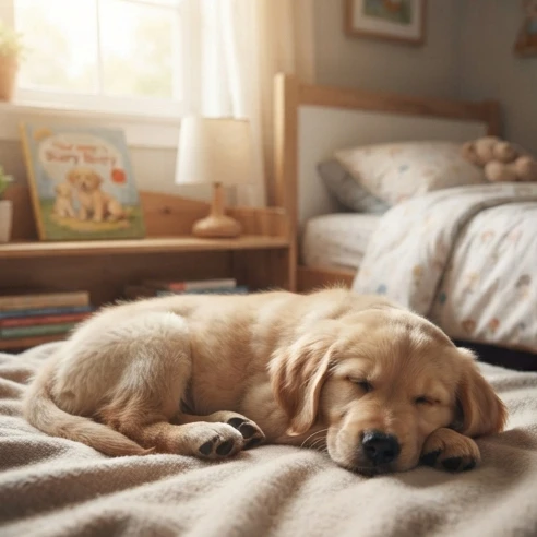 A cozy bedtime story about a puppy featuring a gentle puppy character ready for a comforting children's sleep routine