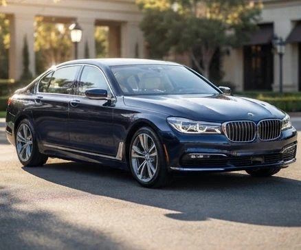 Luxurious sedan in excellent condition, polished and ready for purchase, photographed from a 3/4 front angle in natural daylight