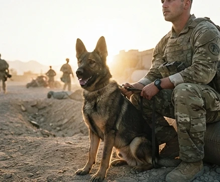 German Shepherd military working dog beside its handler, the loyal partnership behind the best war dog movies