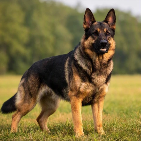 An athletic working line German Shepherd standing alert in an outdoor field, showing strong drive, solid bone structure, and a focused expression