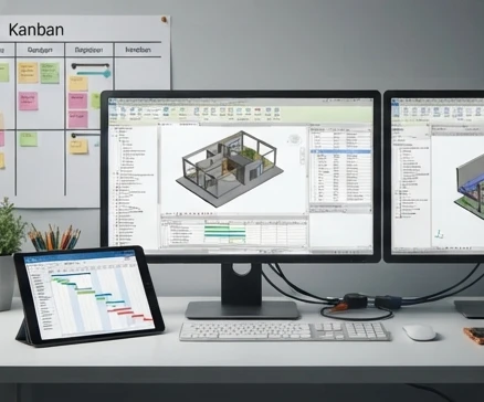 Architectural BIM workstation showing project files, backups, and storage planning workflow in a professional setting