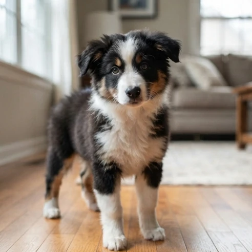 Black and white Australian Shepherd puppy with bold black coat and white markings showing the breed's bi pattern