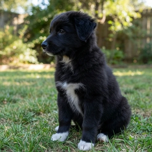Black bi Australian Shepherd puppy showing solid black fur with clear white markings on chest and face