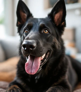 Black German Shepherd adoption profile details represented by a dog assessment with health and behavior notes