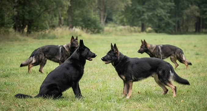 Black German Shepherd displaying consistent coat coverage compared with darker coat variations in natural lighting
