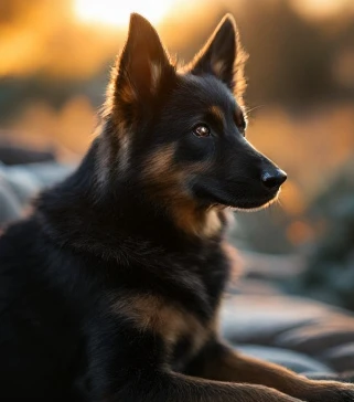 Solid black German Shepherd with glossy double coat showing the breed's distinctive appearance