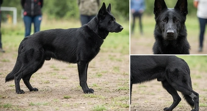 Black German Shepherd being examined through face, chest, and leg coat details during visual identification