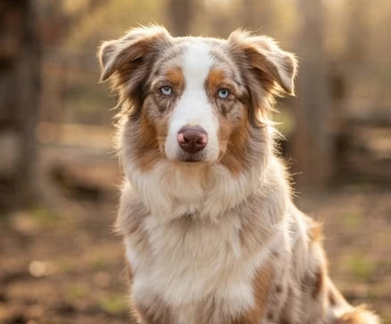 Blue-eyed Border Collie Australian Shepherd mix with facial blaze and expressive herding dog features