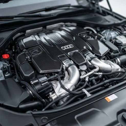 Close-up view of an advanced high-performance engine bay featuring intricate engineering and twin-turbo configurations