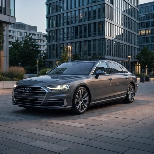 Sleek luxury sedan parked against a modern urban architectural backdrop, showcasing refined body lines and prestige design.