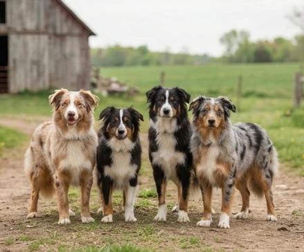 Border Collie Australian Shepherd mix dogs of different sizes showing balanced body proportions outdoors