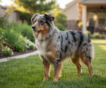 Border Collie Australian Shepherd mix with athletic build, expressive eyes, and fluffy double coat in outdoor setting