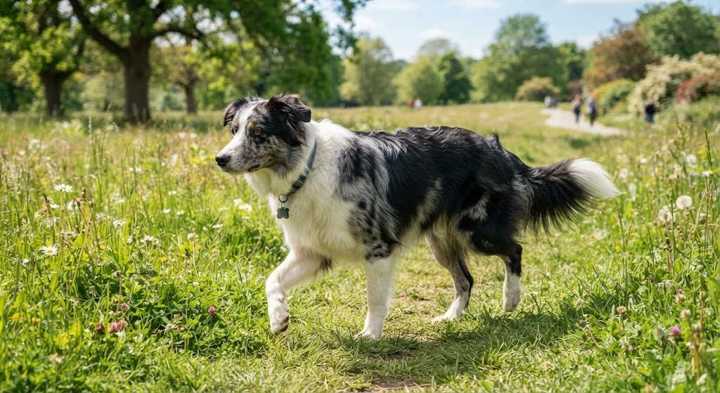 Border Collie Australian Shepherd mix showing coat pattern body shape and ear position for visual identification