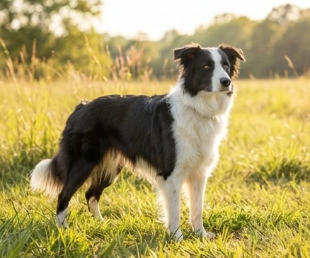 Border Collie and Australian Shepherd mix showing ears tail coat and eye features for comparison