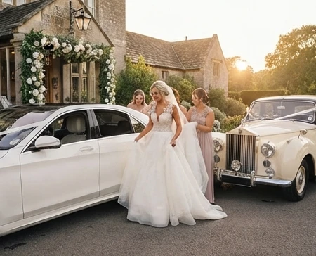 Bridal entry with a luxury sedan and vintage car decorated for a traditional wedding