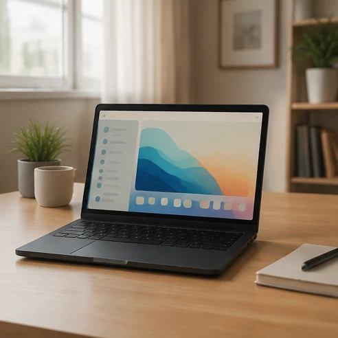 Compact budget laptop set up on a home desk for everyday web browsing and document tasks