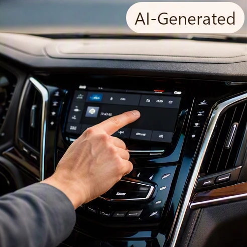 Driver hand operating the central infotainment touchscreen on a modern luxury SUV dashboard