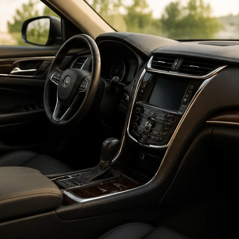 Leather interior and Cadillac XTS Luxury cabin features including touchscreen technology and premium seating details