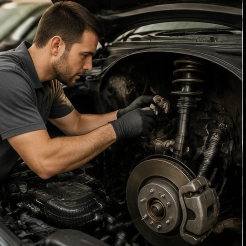 Mechanic inspecting a used Cadillac XTS engine bay and suspension components during a vehicle evaluation