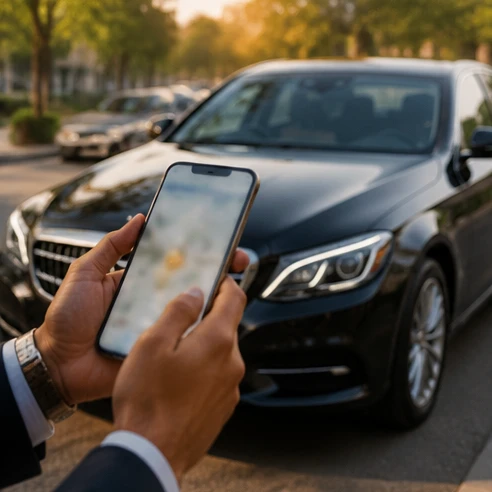 Traveller reviewing a premium car rental Pune booking confirmation on a phone before a scheduled pickup