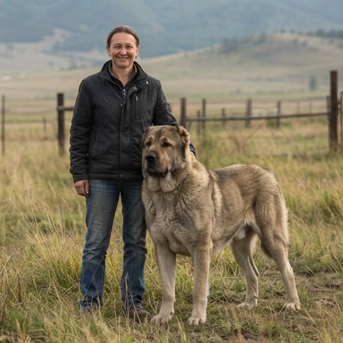 Adult Central Asian Shepherd beside a standing person outdoors, showing shoulder height, deep chest, broad body, and mature muscle development