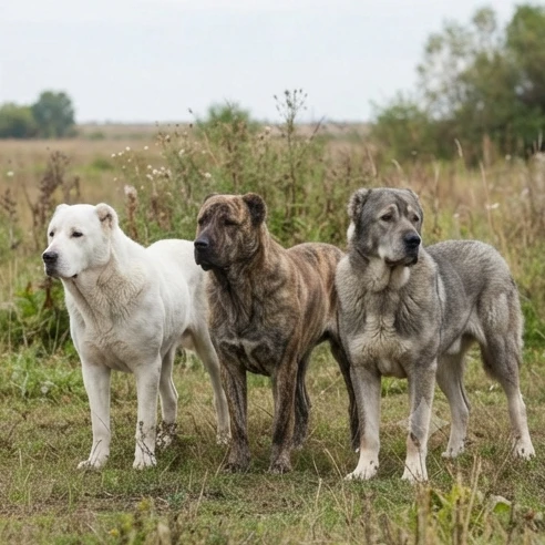 Three Central Asian Shepherd dogs with white, brindle, and gray coats showing how fur color and texture vary across individuals