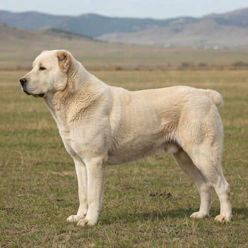 Central Asian Shepherd standing in profile with a broad head, heavy bone, muscular body, and balanced livestock guardian silhouette