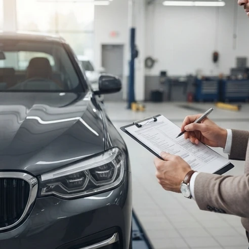 Certified pre-owned luxury vehicle inspection documents beside a premium car in a dealership environment