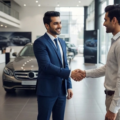 Salesman and customer shaking hands over a supercar deal in a Mumbai showroom