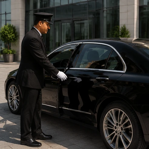 Professional chauffeur opening the rear door of a premium car rental Pune sedan for a business client