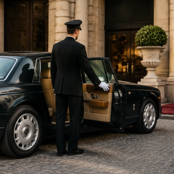 Luxury chauffeur service showing a premium coupe arrival scene for weddings and corporate events