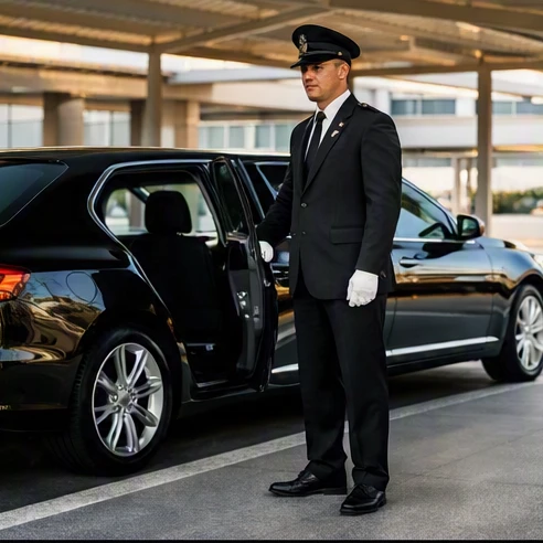 Professional chauffeur preparing a premium vehicle for passenger pickup service