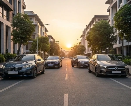 Sleek premium luxury cars parked in a modern urban setting in India during golden hour, representing affordable entry-level luxury vehicles