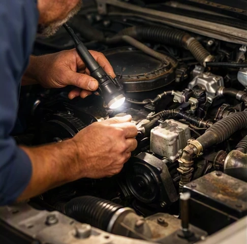 Mechanic checking for fluid leaks and inspecting rubber hoses inside an older vehicle engine compartment during a pre-purchase inspection