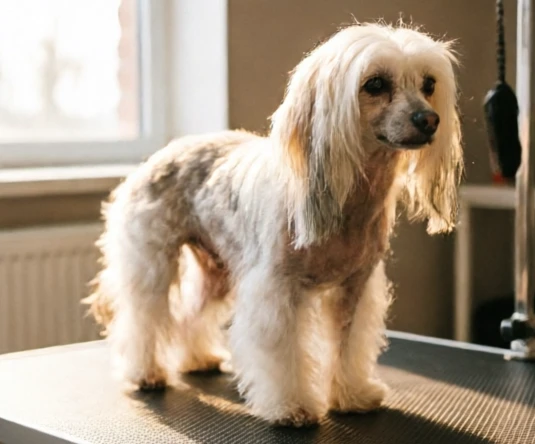 Chinese Crested Powder Puff showing a practical trimmed coat style suited for easier maintenance