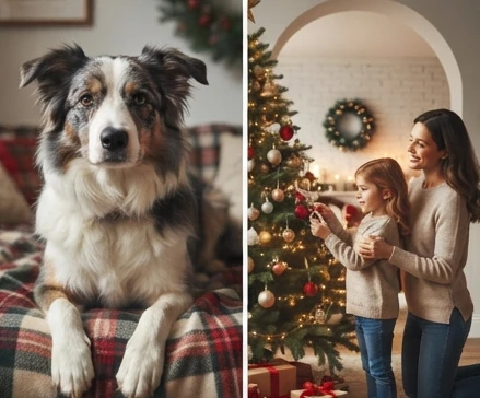 Holiday story comparison scene showing a canine book character separate from classic Christmas movie themes