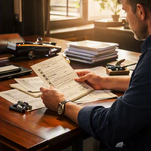 Collector and dealer reviewing a purchase agreement and title transfer paperwork for a classic car