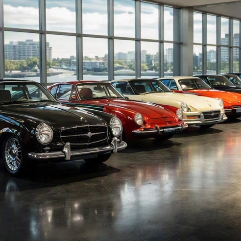 Spacious classic car showroom displaying multiple vintage luxury automobiles and exotic sports cars side by side